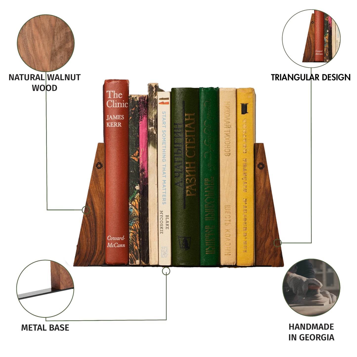 TILISMA Walnut Bookends for Shelves | Wooden Book Ends for Shelves | Sturdy Book Holders, Stoppers with Metal Base for Bookshelves | Slick Decorative Bookends Stands Firmly on Bookshelf (4 Pairs)