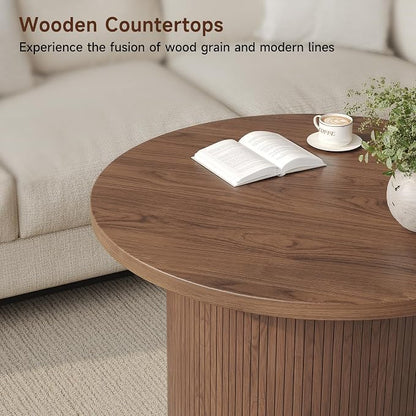 31.5" Round Coffee Table, Mid Century Modern Fluted Tambour Coffee Table, Engineered Wood Small Circle Center Table, Drum Accent Modern Living Room Table, Walnut