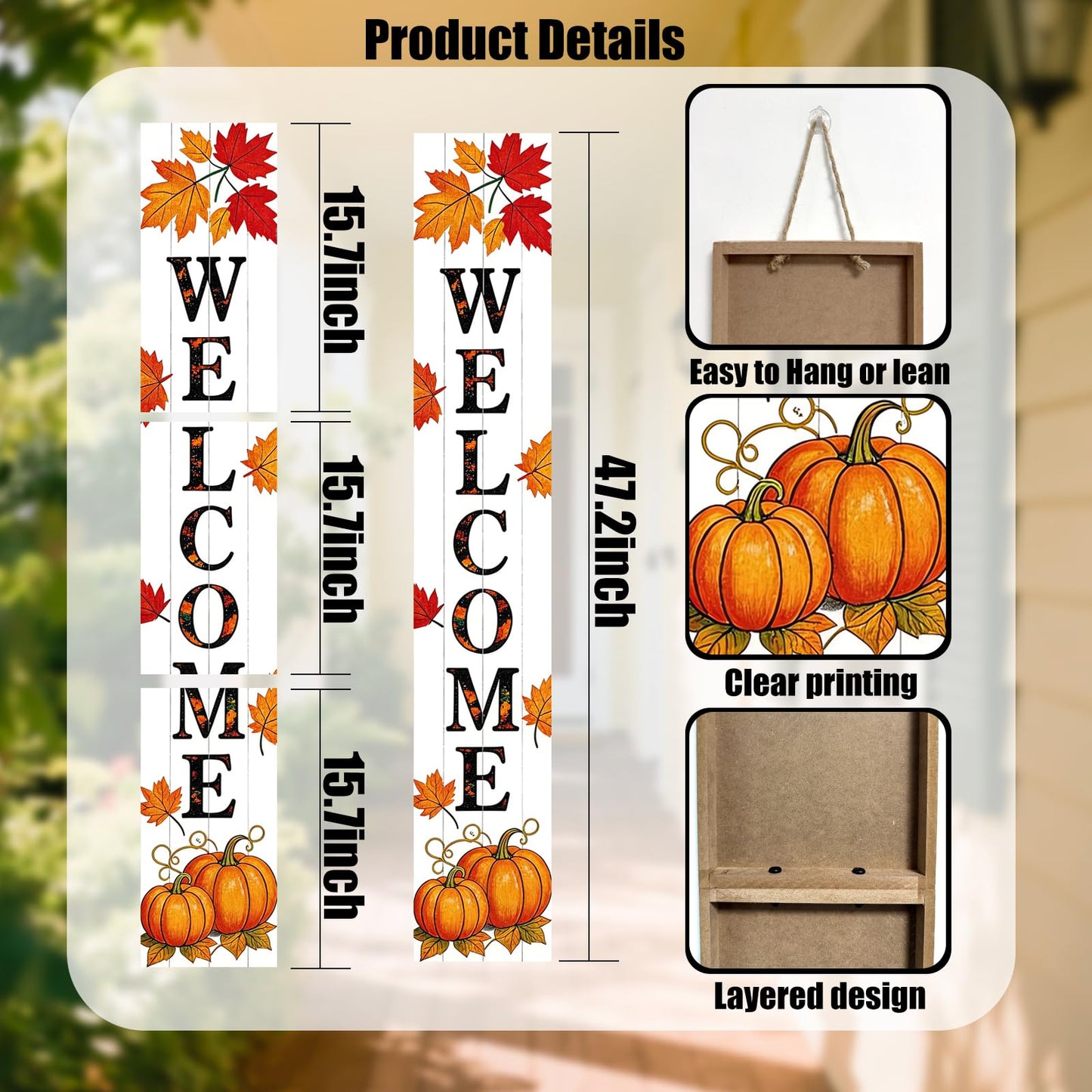 Hentonwell Vertical Wooden Fall Welcome Porch Sign,Rustic Autumn Porch Standing Sign,Decorative Leaning Sign for Front Entrance,Farmhouse Style Outdoor Welcome Decoration-47.2" H.