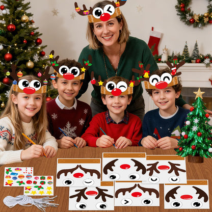 Qyeahkj 24 Sets Christmas Headbands Craft Kits Xmas Reindeer DIY Paper Crown Crafts for Winter Elk Reindeer Eyes Nose and Horn Stickers Holiday Home Activities Winter Party Favors