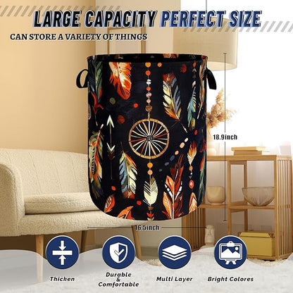 Boho Feather Printed Laundry Basket Foldable Oxford Cloth Colorful Laundry