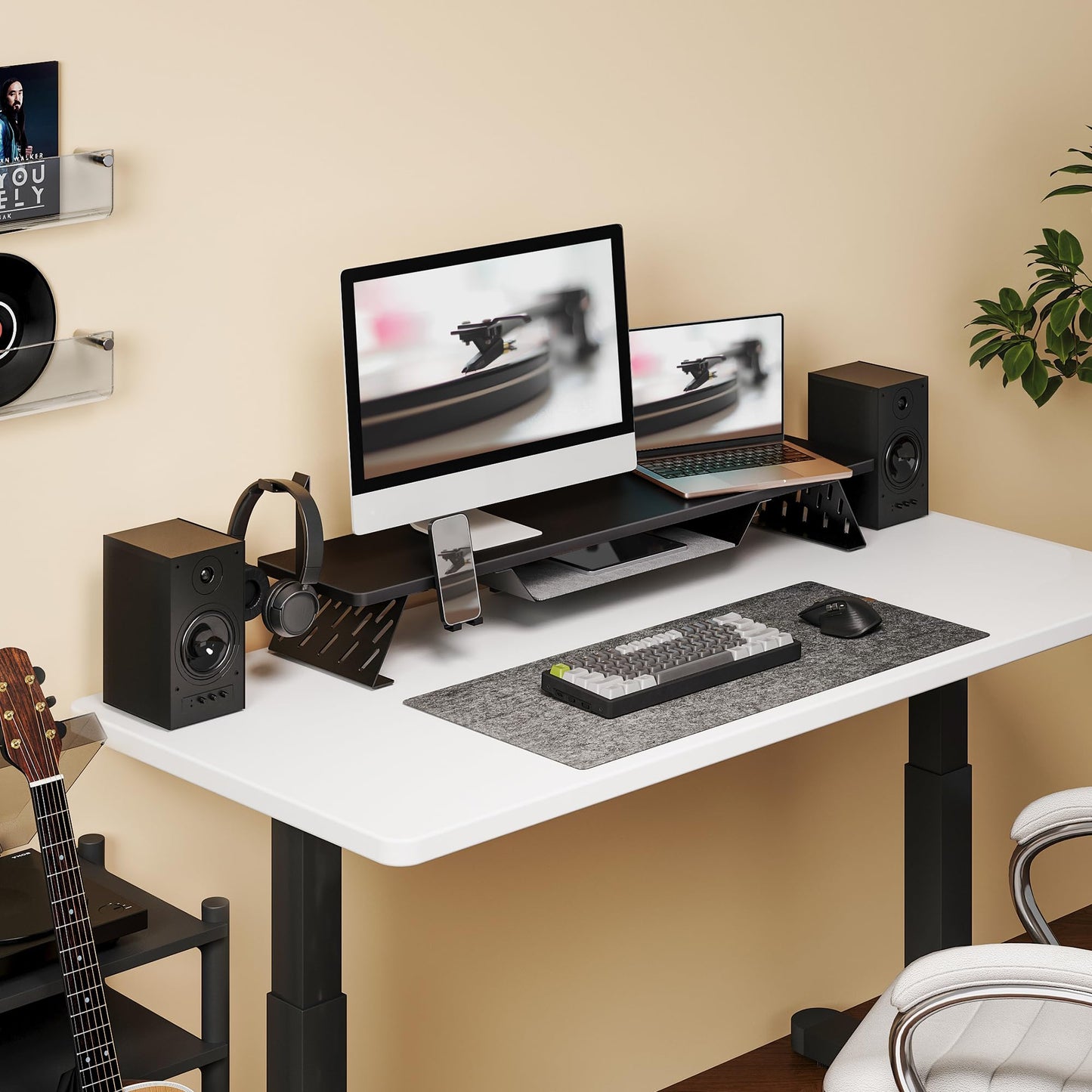 Fenge Dual Monitor Stand, 42.5 Inch Monitor Riser for Desk, Wood Desk Shelf for 2 Monitors, 2 Tier Monitor Shelf with Headphone Stand & Phone Holder