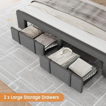 IDEALHOUSE Upholstered King Size Bed Frame, Velvet Platform Bed Frame with Storage Drawers, Mattress Foundation with Solid Wooden Slats Support, No Box Spring Needed, Grey