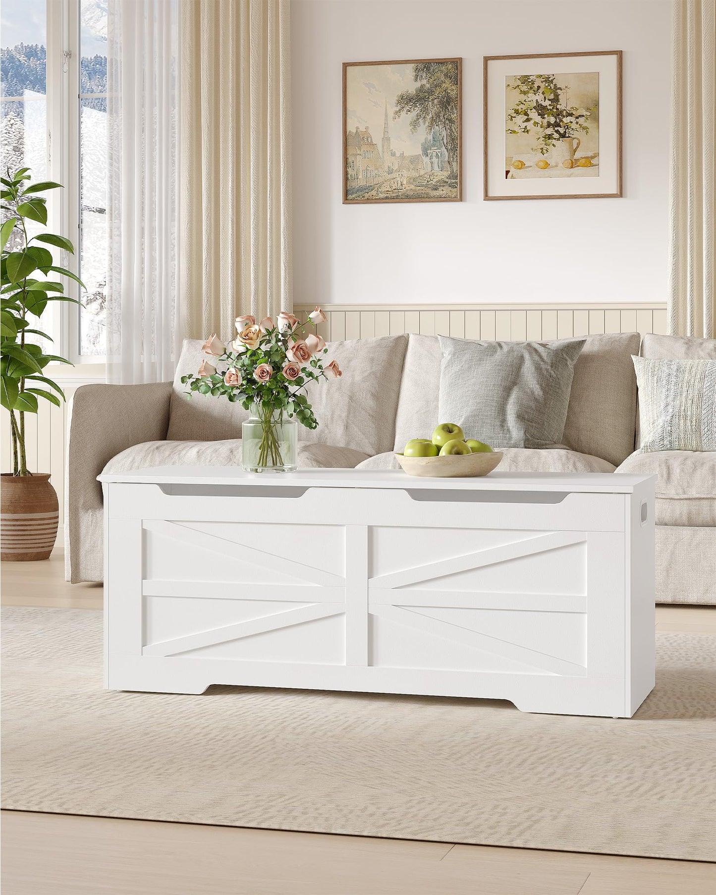 Hzuaneri 47.2" Storage Chest, Extra Large Storage Trunk with 2 Hinges, Wooden Box Bench, Lift-Top Organizer Chest, Shoe Bench for Entryway, Bedroom, Living Room, White SB13403X