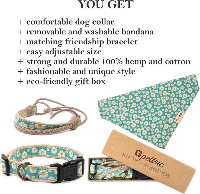 Pettsie Hemp Dog Bandana Collar & Matching Owner Friendship Bracelet | Adjustable, Durable Hemp, Soft & Comfortable, Secure D-Ring, Matching Friendship Bracelet, Green