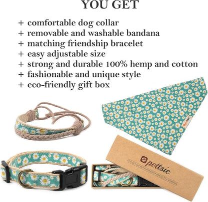 Pettsie Hemp Dog Bandana Collar & Matching Owner Friendship Bracelet | Adjustable, Durable Hemp, Soft & Comfortable, Secure D-Ring, Matching Friendship Bracelet, Green