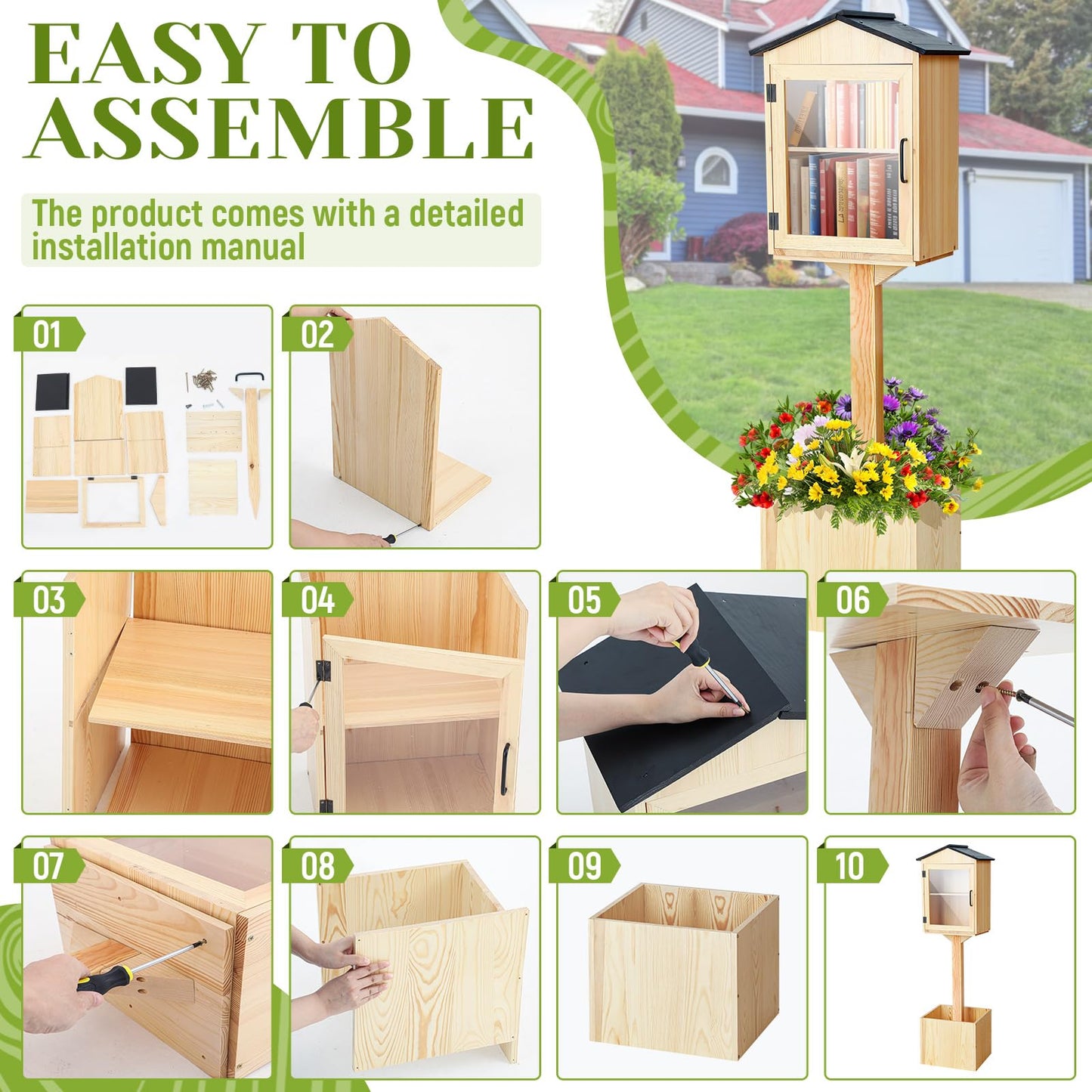 Wonderjune Little Library Box Outdoor with Floor Plugs & Flower Fence, Durable Weatherproof Solid Wood Book Exchange Box for Community, Literature, School Sharing Book(Natural Wood,Steepletop)