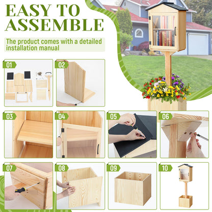 Wonderjune Little Library Box Outdoor with Floor Plugs & Flower Fence, Durable Weatherproof Solid Wood Book Exchange Box for Community, Literature, School Sharing Book(Natural Wood,Steepletop)