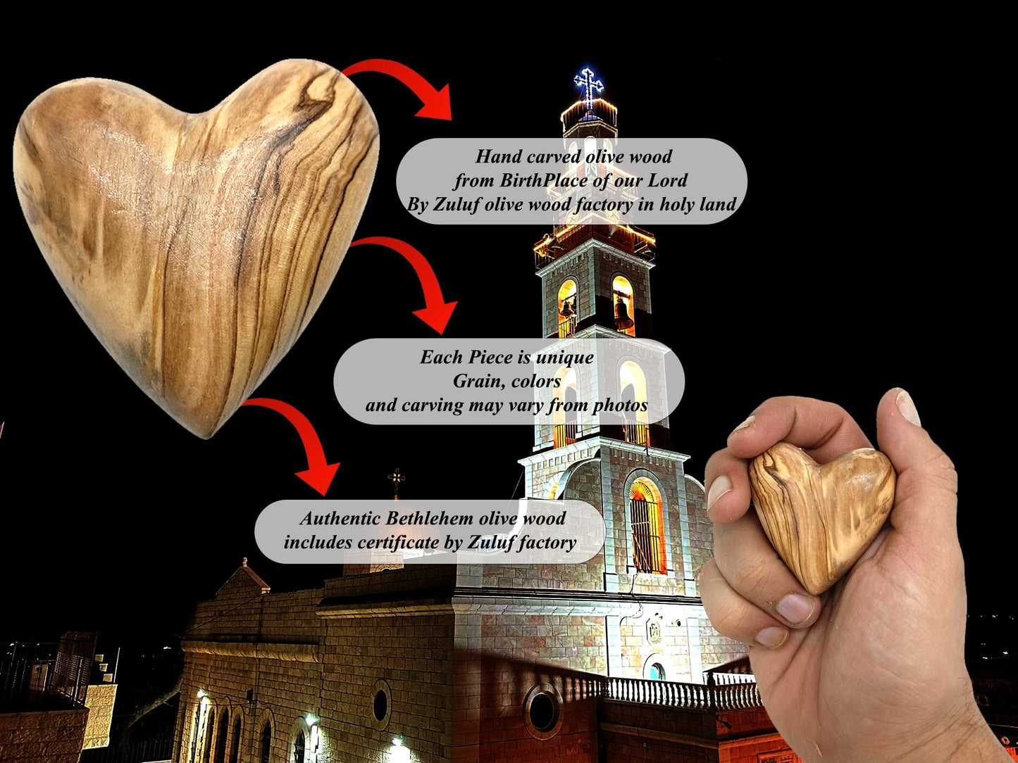 Zuluf Set of 2 Olive Wood Hearts 2 x 2 Hand Carved Wooden Heart Rustic Farmhouse Table Centerpiece Wedding Decoration Valentine Home Gift Sympathy Keepsake Made in Bethlehem w/Certificate