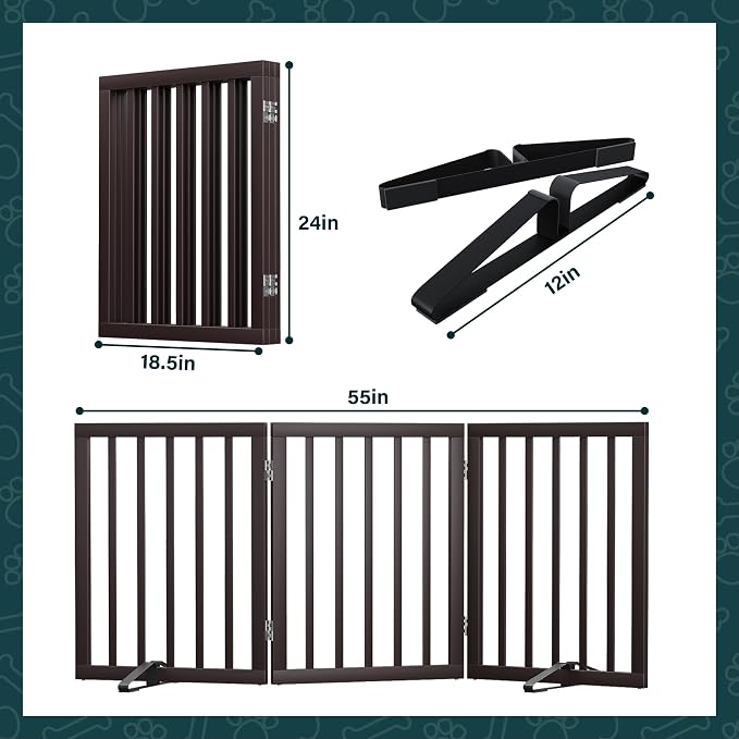 Semiocthome Bamboo Dog Gates Indoor 3-Panel Freestanding Puppy Gates for The House with 2 Metal Stands 24" H Folding Wood Pet Gate for Stairs Doorway Expands Up to 55" Fully Assembled Espresso
