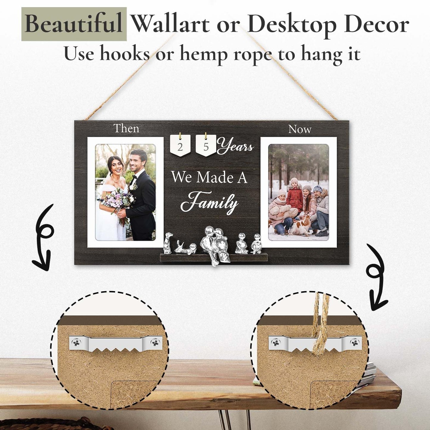DREAMORIE Then & Now Anniversary Picture Frame with Tin Family Figurines – Rustic Wooden 1-99 Years Wedding Gift for Couples, Custom Number Tiles