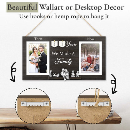 DREAMORIE Then & Now Anniversary Picture Frame with Tin Family Figurines – Rustic Wooden 1-99 Years Wedding Gift for Couples, Custom Number Tiles