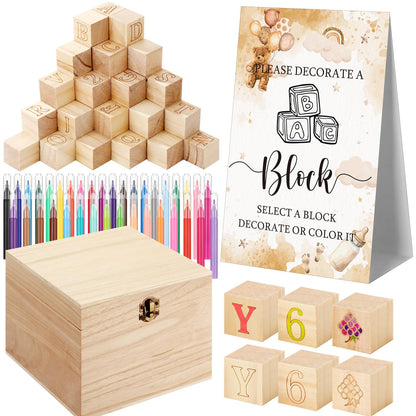 Marsui 136 Pcs Baby Shower Blocks to Decorate Game Kit Includes 98 Wooden Blocks, 36 Markers, 1 Game Sign, 1 Storage Box for Baby Shower Gender Reveal Activity Party Decorations(Brown Bear)