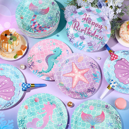 Funnymoom 60 Pcs Mermaid Birthday Party Decor 7 Inch Mermaids Dessert Paper Plates Under the Sea Disposable Dinner Cake Plates Princess Shell Dinnerware for Ocean Baby Shower Party Supplies