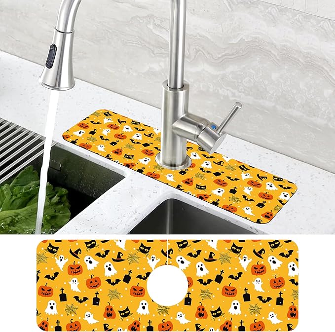 Halloween Pumpkin Bat Ghost Kitchen Sink Splash Guard Mat Absorbent Fast Drying