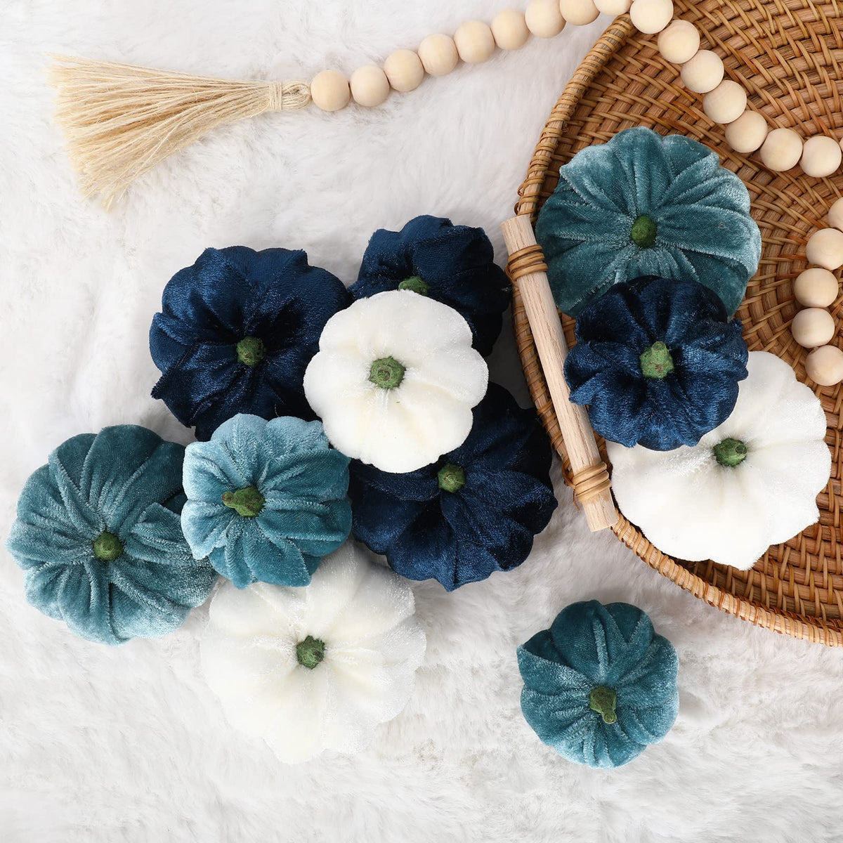 Whaline 12Pcs Fall Thanksgiving Velvet Pumpkin Blue White Artificial Pumpkins 2 Sizes Fake Fabric Pumpkin Autumn Harvest Table Centerpiece for Thanksgiving Halloween Party Mantel Farmhouse Decor