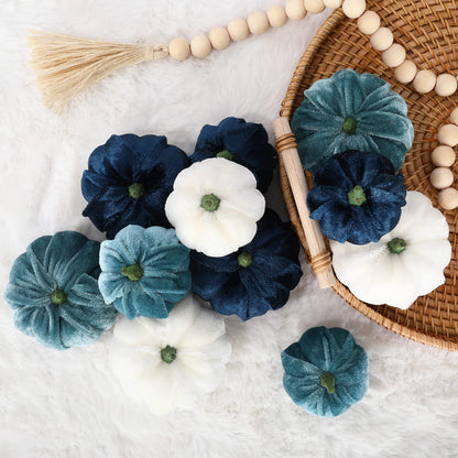 Whaline 12Pcs Fall Thanksgiving Velvet Pumpkin Blue White Artificial Pumpkins 2 Sizes Fake Fabric Pumpkin Autumn Harvest Table Centerpiece for Thanksgiving Halloween Party Mantel Farmhouse Decor