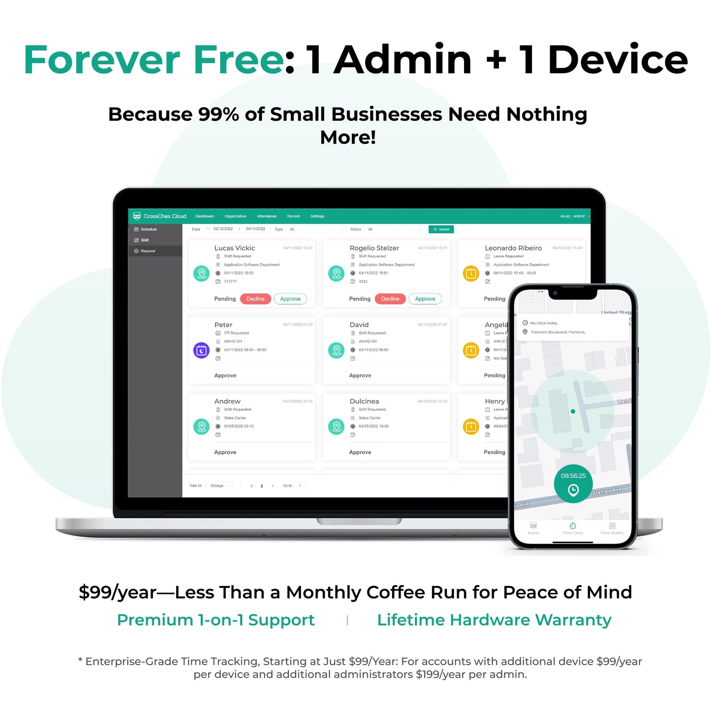 ANVIZ Time Clocks for Employees Small Business - Forever Free Cloud Software - W1 Pro Fingerprint Biometric Clock in and Out Attendance Machine, White