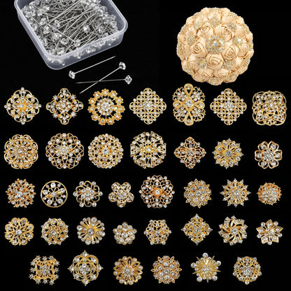 Gold Bouquet Pins Set, 36 PCS Rhinestone Flower Brooches & 100 PCS Crystal Stick Pins for Wedding Bouquet, Corsage, Boutonniere, DIY Craft Embellishments, Wedding Decor Supplies