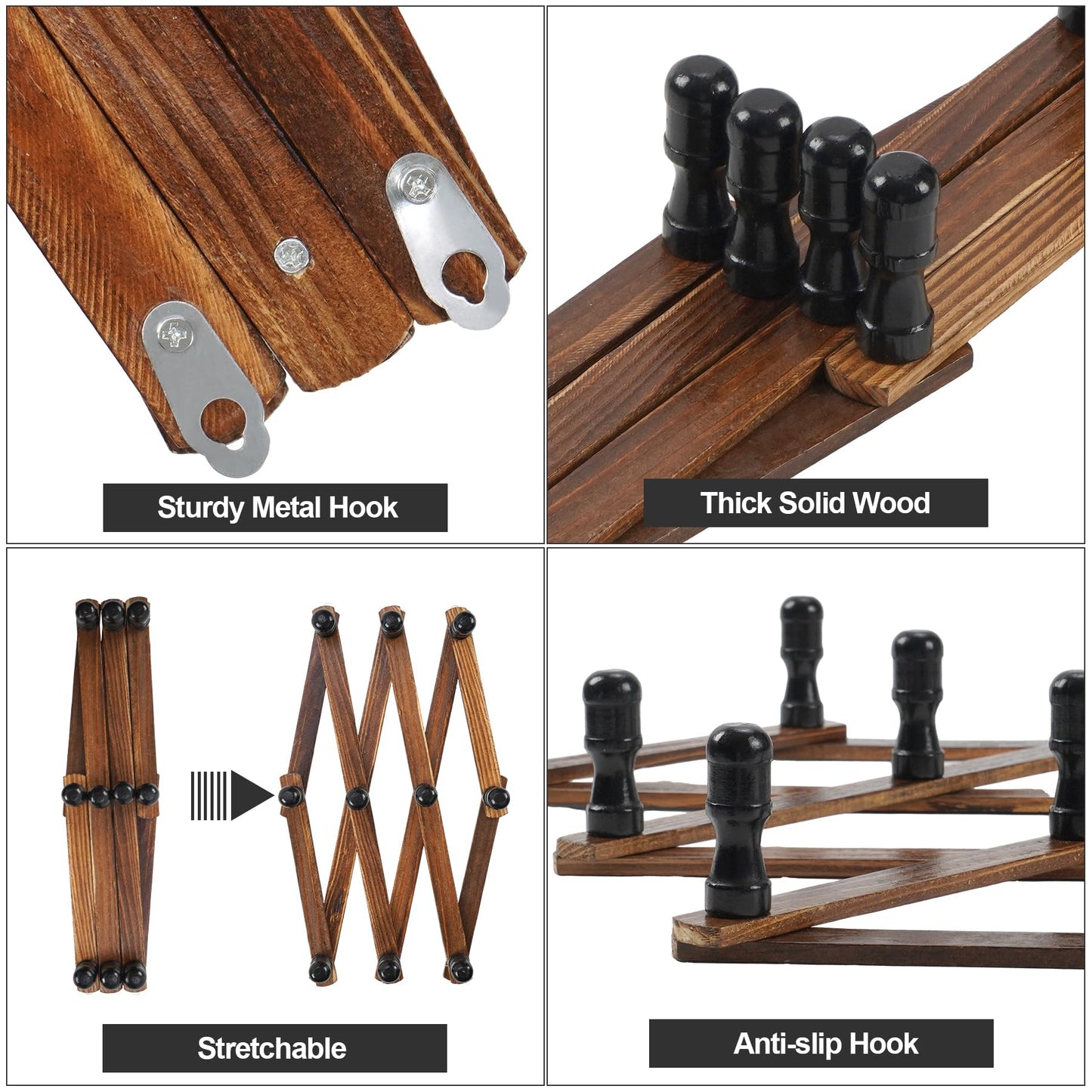 WGFKVAS 2 Pack Accordion Hat Rack for Wall - Expandable Coat Rack & Wall Mounted Hat Holder - Wooden Wall Hanger with 10 Peg Hooks for Coats, Baseball Caps, Keys & Mugs
