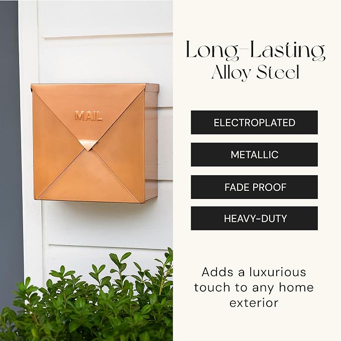 NACH Chicago Copper Extra Large Mailbox, Rust Resistant Large Mailboxes for Outside Wall Mount, Large Metal Mailbox, Wall Mount Mailbox, Extra Large Capacity Mailbox, 12 x 12 x 4.8 inches, MB-6301CP