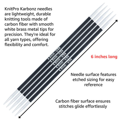 KnitPro Karbonz Deluxe Set 6 inch DPN Double Pointed Needles Size 0, 1, 1.5, 2, 2.5, 3, 4, 5, 6 with Fabric Case with Project Bag