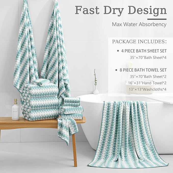 8 Piece Bathroom Towel Set Aqua |2 Oversized Large Bath Towels Sheet, 2 Hand