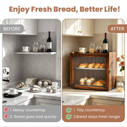 Keeswin 2-Layer Wooden Bread Box for Kitchen Countertop with Removable Tray