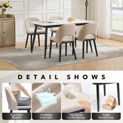 Wooden Dining Chairs Set of 6, Upholstered Kitchen Dining Room Chair, Modern Linen Fabric hollowed out Dinner Chair with Leveling Feet/hollowed out Backrest Support for Dining Room, Living,Beige