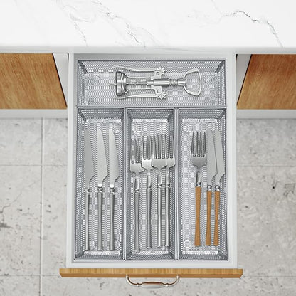 Neudeco Silverware Organizer, Silver, 9 * 3 * 2 inch, Pack 6 | Mesh Drawer Organizer, Metal Utensil Organizer, For Flatware, Knives, Spoons, Cosmetic
