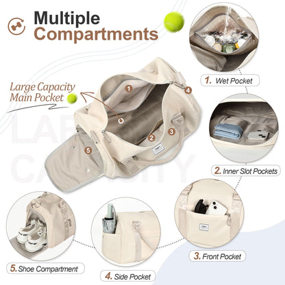 FIORETTO Womens Gym Tote Duffle Bag with Wet Pocket & Shoe Compartment, Sports Duffel Overnight Weekender Hospital Workout Carry on Bag for Girls, Ideal for Travel, Swimming, Dance, Ballet Beige