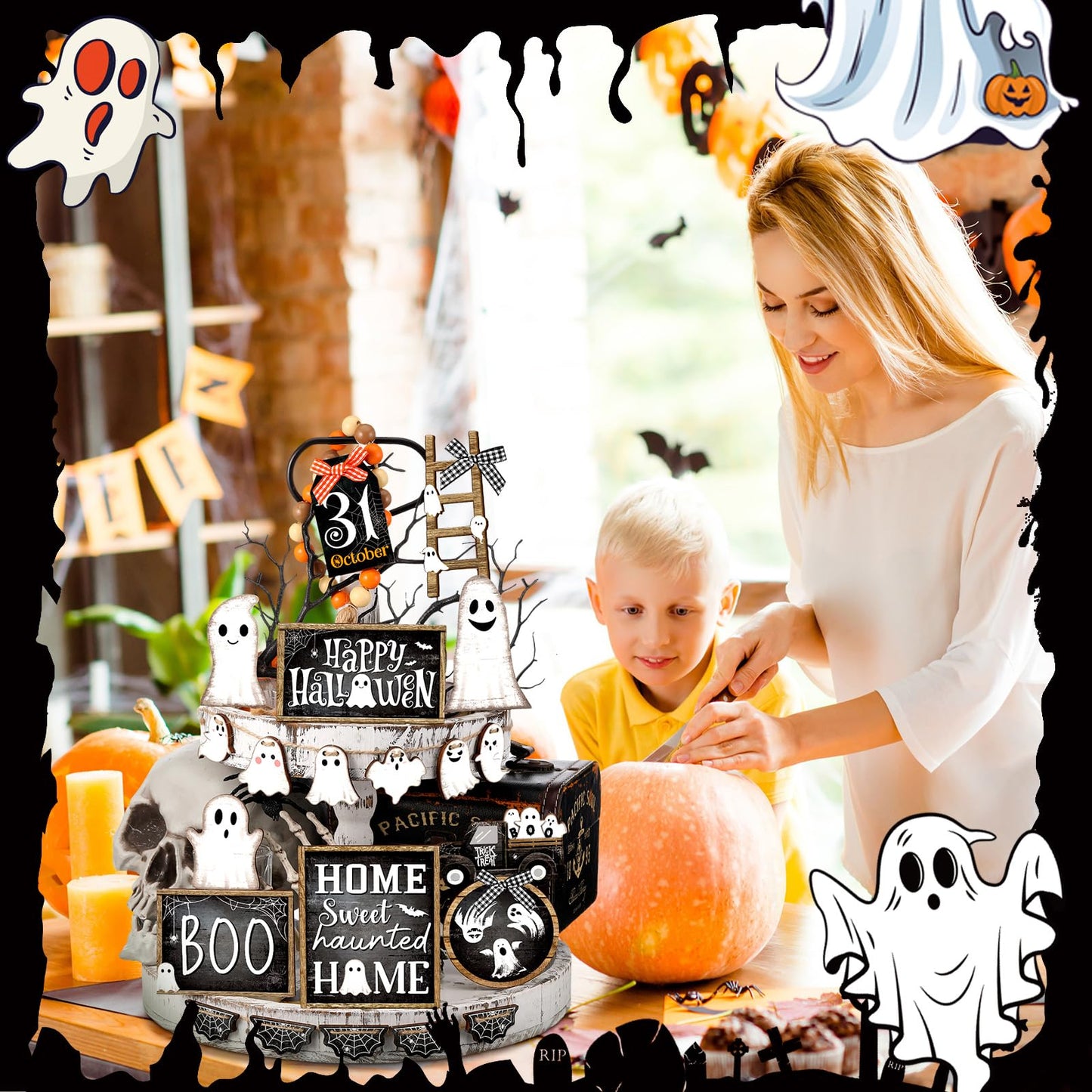 MiniInflat 1 Sets Halloween Tiered Tray Decor Set Happy Halloween Wooden Signs Rustic Table Centerpieces Farmhouse Decor for Home Table, Tray Not Included(Ghost,Black White)