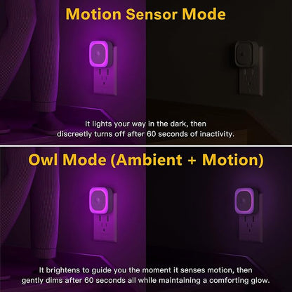 YUNLEX 2 Pack Plug in Night Light with Motion Sensor & Dusk to Dawn Sensor, 3 Sensor Modes, Purple Lights Plug into Wall, Dimmable Calming Glow for Meditation, Relaxation, Bathroom