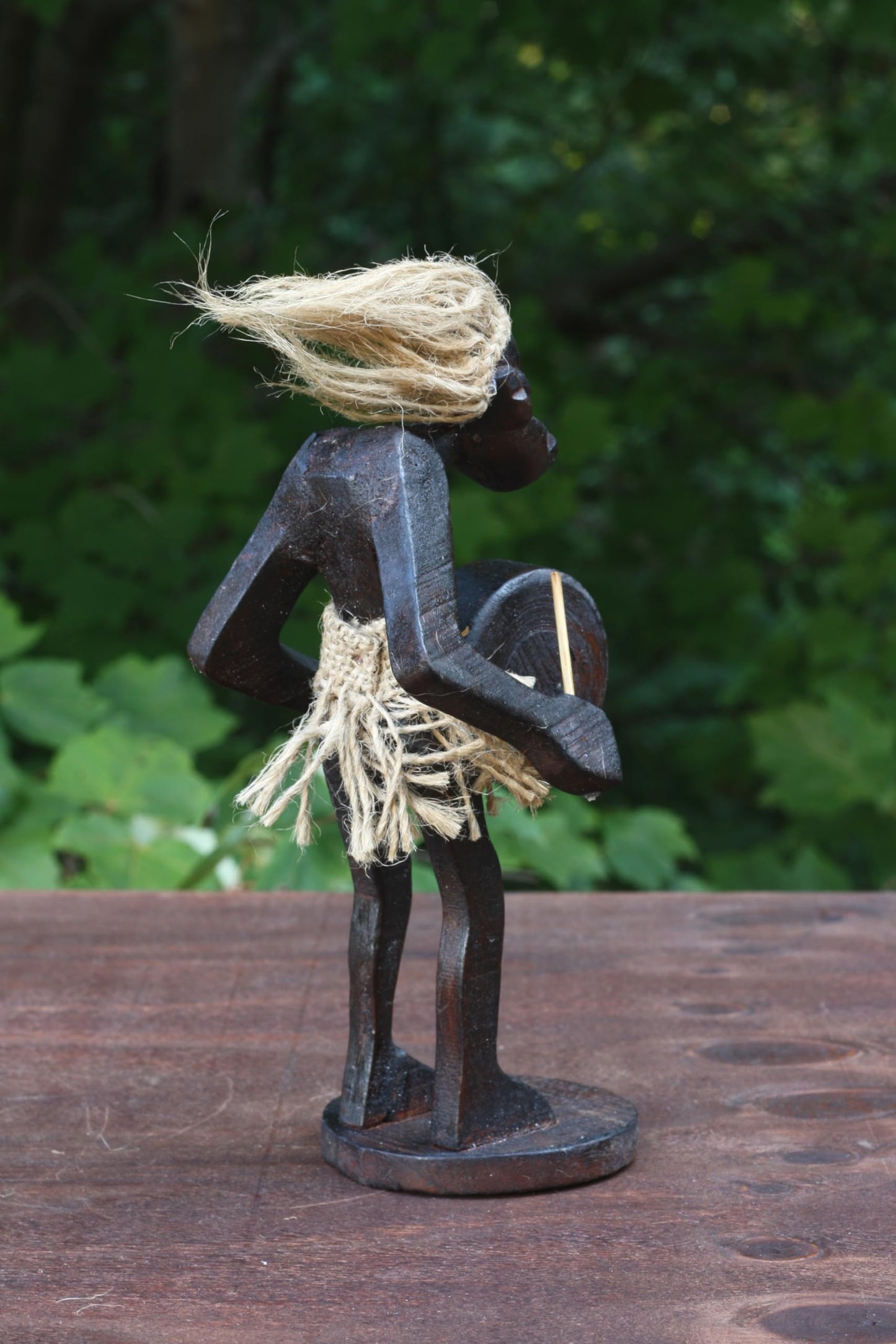 G6 Collection Wooden Handmade Primitive Tribal Statue - Hand Carved Teak Wood Tiki Playing a Bass Drum Musician Funny Sculpture - Unique Art Gift - Tropical Home Decor Accent Shelf - 8.5 inch