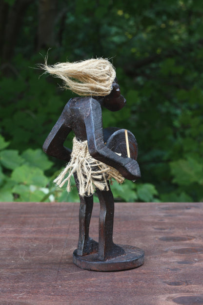 G6 Collection Wooden Handmade Primitive Tribal Statue - Hand Carved Teak Wood Tiki Playing a Bass Drum Musician Funny Sculpture - Unique Art Gift - Tropical Home Decor Accent Shelf - 8.5 inch