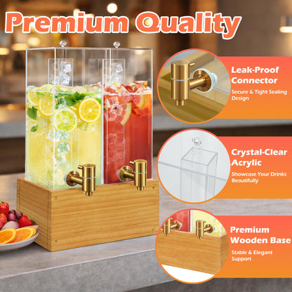 Beverage Dispenser with Stand, 4 Gallon Dual Drink Dispenser Stand, Large Drink Dispenser for Party, Wood Stand