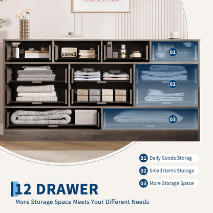GarveeHome 12 Drawer Wooden Dressers for Bedroom, Wood TV Stand Dresser for 65 Inch TV, Modern Wood Chest of Drawers Clothes Storage Organizer for Living Room, Closet, Hallway, 61" L × 15.75" W