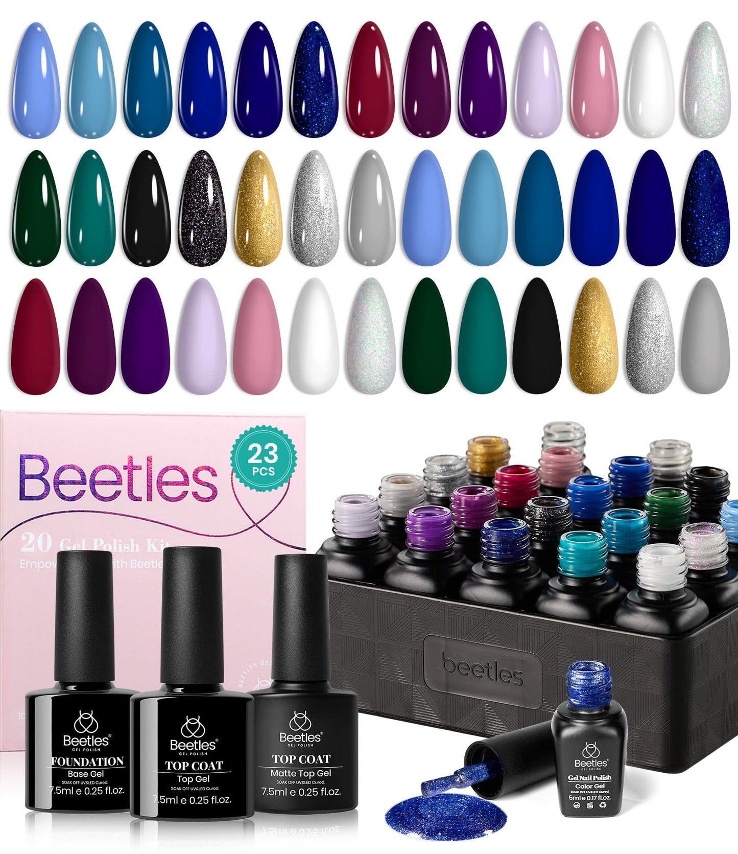 beetles Gel Polish Set - 23Pcs Macaroon Color Gel Nail Kit with Glossy Matte Top Coat Base Coat Yellow Pink White Purple Blue Glitter Bright Uv Nails Paradise Pastel Gel Halloween Gifts for Women