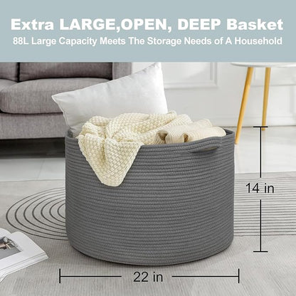 MEGASKET Large Dark Grey Storage Basket, Woven Cotton Rope Baskets for Storage, Big Blanket Organizer Storage Basket for Living Room, Kids Room Toy Storage Organizer Box, Blanket Keeper (22"x14")