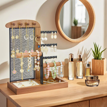 KOOAAICCHI Jewelry Organizer Stand Wooden Multi-Tier Jewelry Display Rack,Anti-tangle Necklace Holder,Jewelry Stand with Velvet Tray for Rings,Earrings and Bracelets (Brown)