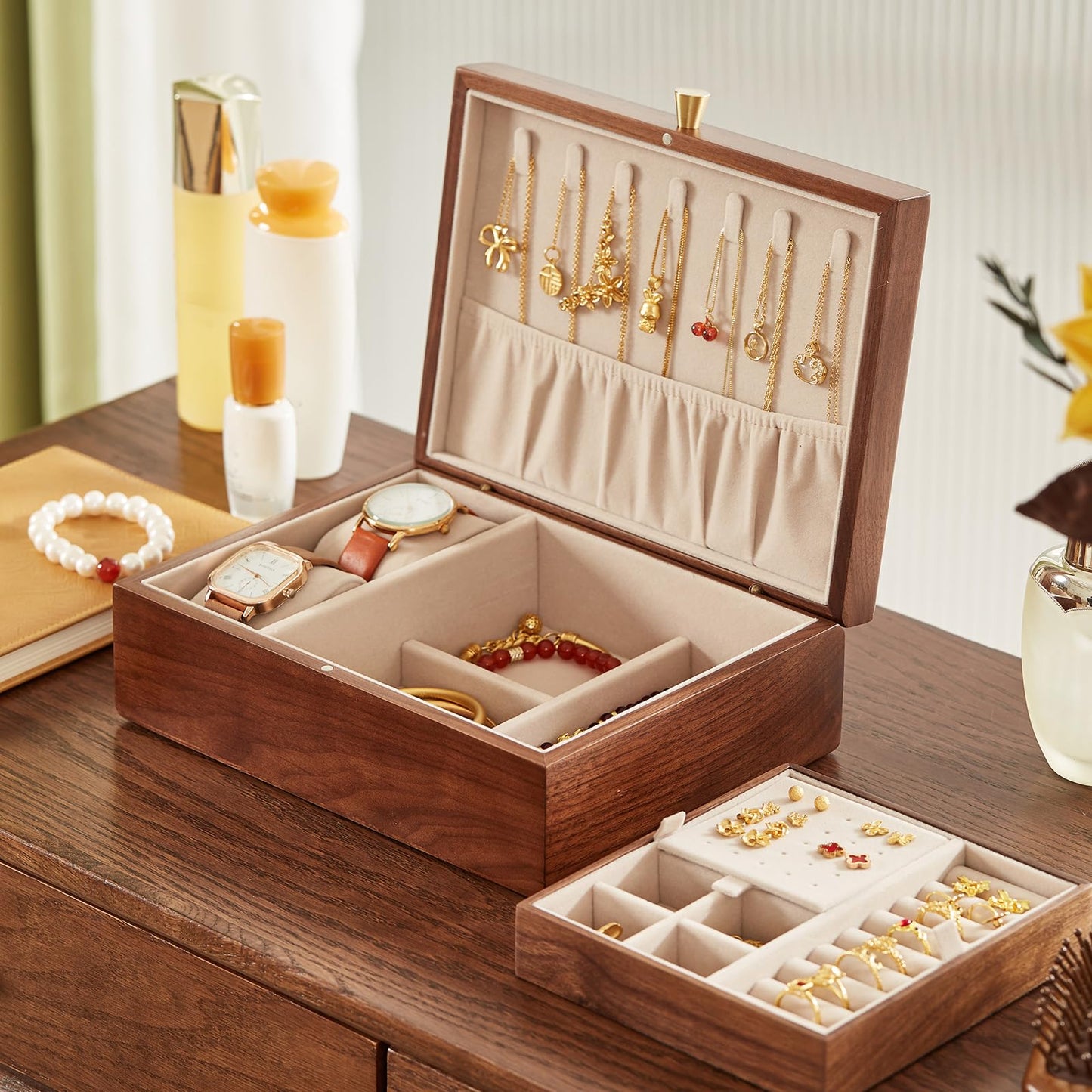CHOSIN Black Walnut Wooden Jewelry Box for Women 2 Layer Jewelry Organizer with Removable Tray for Watches Rings Earrings Necklace Bracelets Storage, Ideal Gift for She, Fathers Day Gift