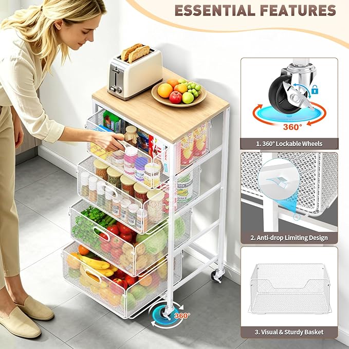 SUNALLY Rolling Kitchen Cart with Drawers, 4-Tier Utility Cart Fruit Vegetable Storage Cart with Lockable Wheels, Wooden Top Metal Kitchen Storage Organizer for Cans, Snacks, Beauty, Craft, Art, White