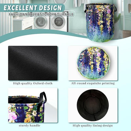 Beautiful Blue Green Floral Laundry Basket Foldable