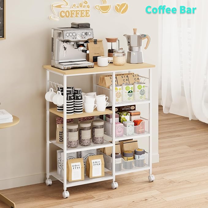 HapiRm Rolling Kitchen Carts with Storage - Microwave Table Stand with 6 Hooks & 3 Baskets, kitchen Island Cart on Lockable Wheels, 28.3" L × 14.6" W Bakers Rack Cart for Dining Room Coffee Bar Office