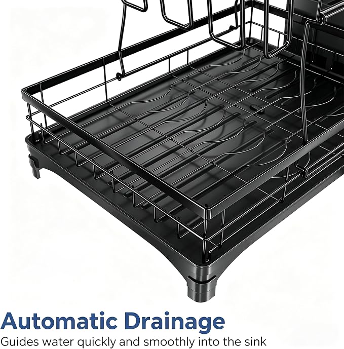 Simple Trending Dish Rack, Stainless Steel Dish Drying Rack for Kitchen Counter, Large Capacity 2-Tier Dish Drainer Organizer with Utensil Holder, Black