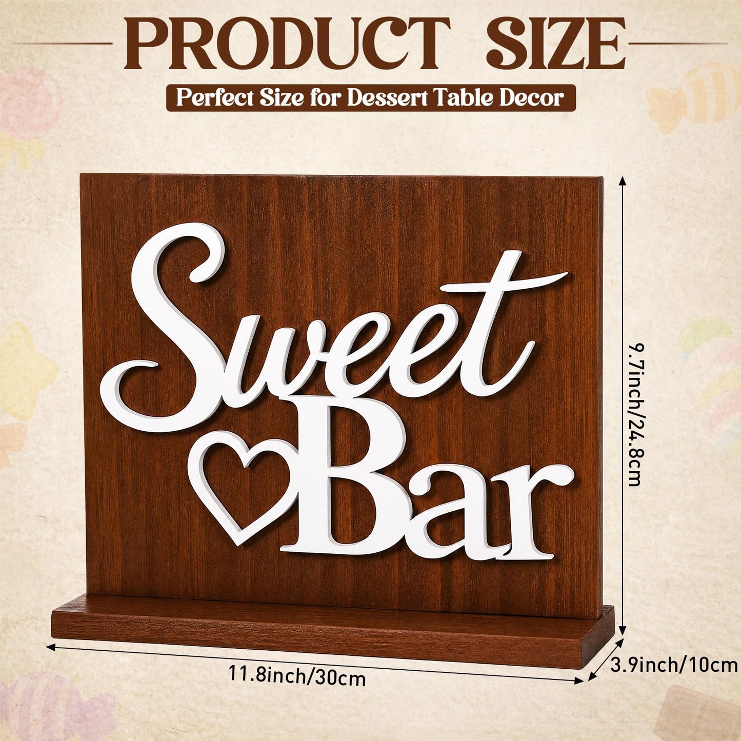 Novabright Sweet Bar Wooden Sign with Rustic Wood Backboard & Stable Base, Freestanding Sweet Candy Bar Dessert Table Decor, Centerpiece with Stand for Wedding, Birthday, Bridal Shower & Party
