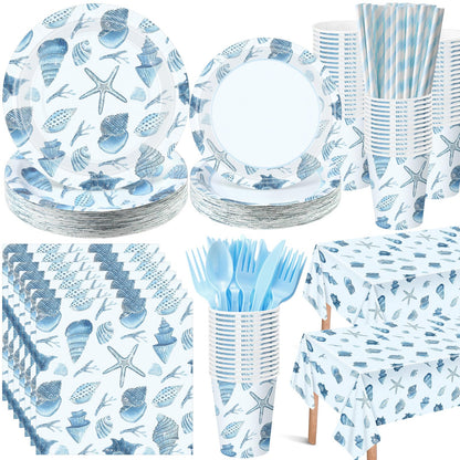 LemonRoad 452 Pcs Ocean Beach Seashell Party Decoration for 50, Coastal Seashell Paper Plates Napkins Cup Tablecloth Cutlery Straw Under The Sea Tableware for Summer Birthday Bachelorette Party Supply