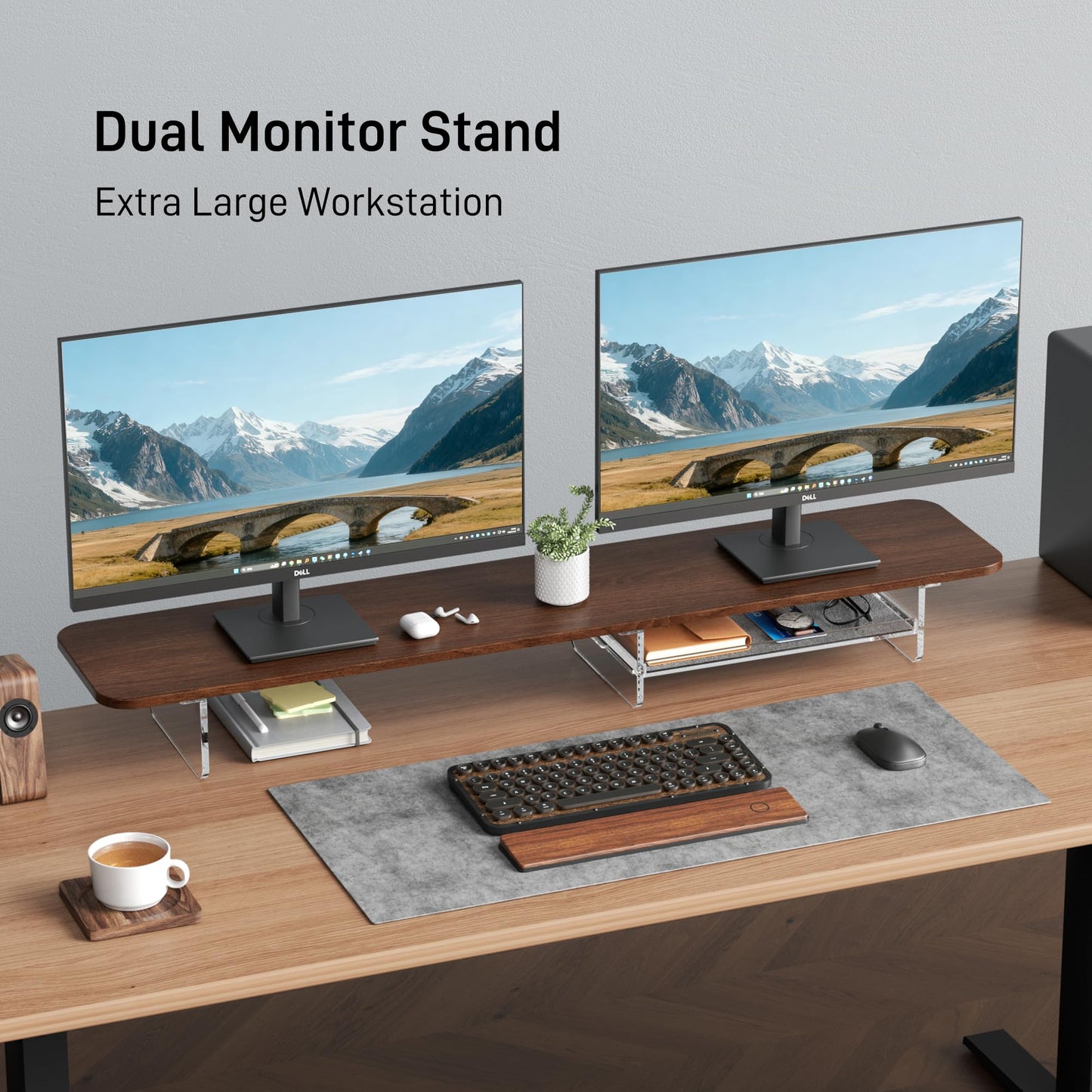 AFOOYO Large Dual Monitor Stand For Desk,43 Inch Desktop Computer Riser with Felt Drawer Acrylic Legs Desk Shelf Organizer For Computer/Laptop/PC/Printer/TV