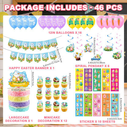 Favuit Happy Easter Party Decorations Kit, Easter Egg Bunny Party Supplies with Banner, Cake Topper, Cupcake Picks, Balloons, Stickers & Hanging Swirls for Home & Classroom