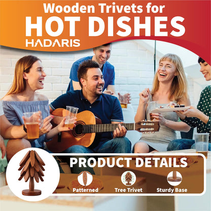 HADARIS Wooden Tree Trivet Set for Hot Dishes - 3 Pcs Foldable Heat Resistant Wood Coasters, Natural Walnut Finish Pot Holders for Kitchen Countertops and Dining Table, Unique Tree-Shaped Decor